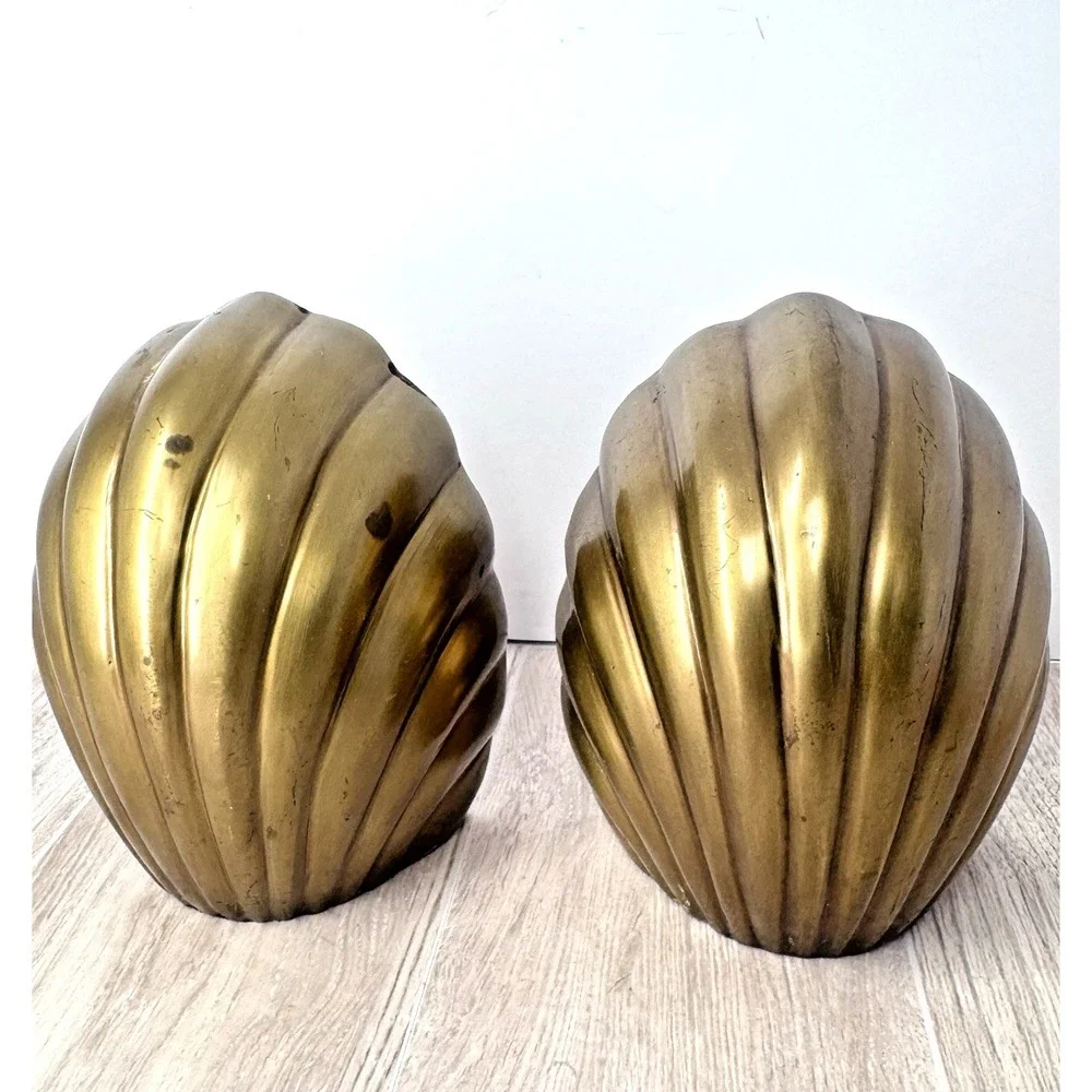 Vintage Brass Shell Bookends Heavy Coastal‎ Nautical Decor 5in Set Pair